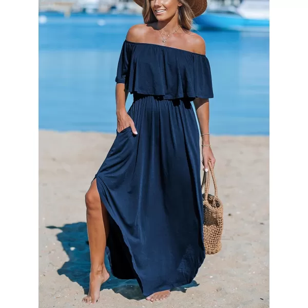imageCUPSHE Womens Knit Ruffle Maxi Cover Up Dress Off Shoulder Split Hem Summer Dresses Cover Ups with PocketsNavy Blue