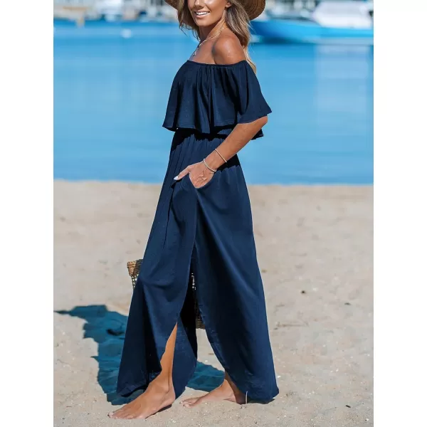 imageCUPSHE Womens Knit Ruffle Maxi Cover Up Dress Off Shoulder Split Hem Summer Dresses Cover Ups with PocketsNavy Blue
