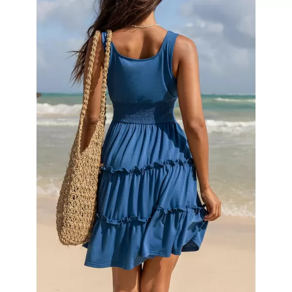 imageCUPSHE Womens Knit Sleeveless Beach Dress Ruffle A Line Scoop Neck Elastic Waist Mini Summer DressesBlue
