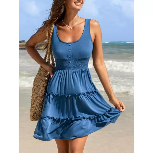 imageCUPSHE Womens Knit Sleeveless Beach Dress Ruffle A Line Scoop Neck Elastic Waist Mini Summer DressesBlue
