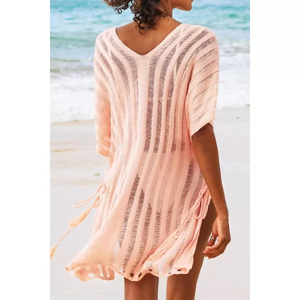 imageCUPSHE Womens Knit Stripe V Neck Crochet Short Sleeve Tie Side Cover UpPink