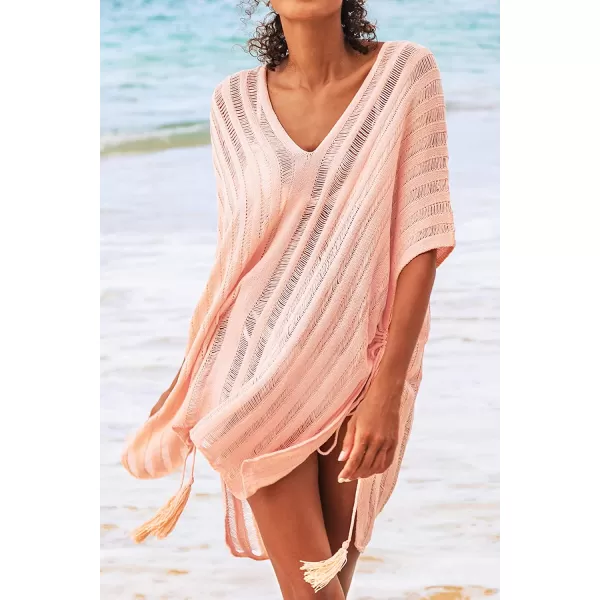 imageCUPSHE Womens Knit Stripe V Neck Crochet Short Sleeve Tie Side Cover UpPink