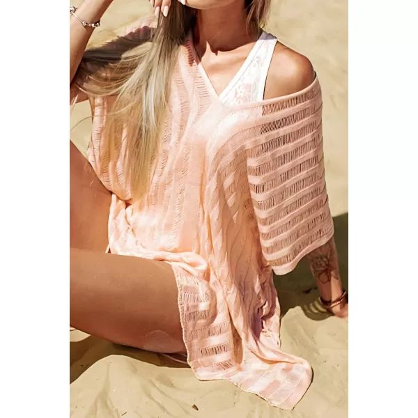 imageCUPSHE Womens Knit Stripe V Neck Crochet Short Sleeve Tie Side Cover UpPink
