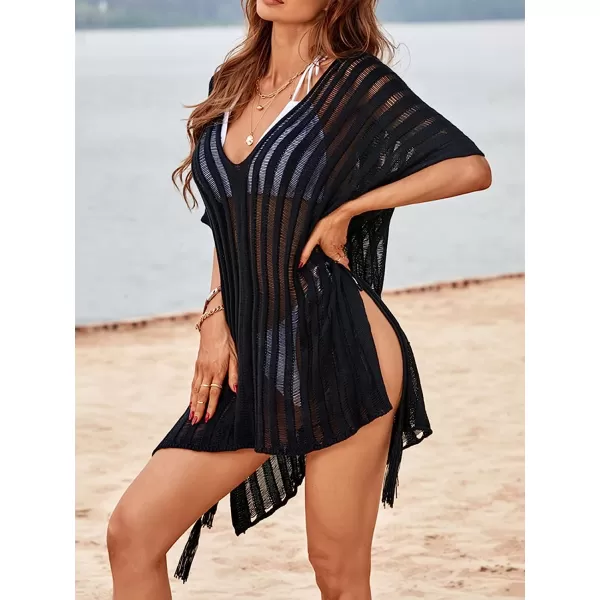 imageCUPSHE Womens Knit Stripe V Neck Crochet Short Sleeve Tie Side Cover UpPurple