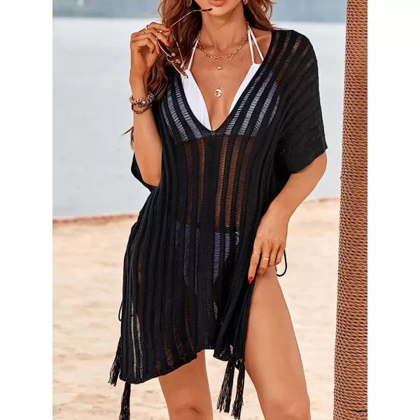 imageCUPSHE Womens Knit Stripe V Neck Crochet Short Sleeve Tie Side Cover UpPurple