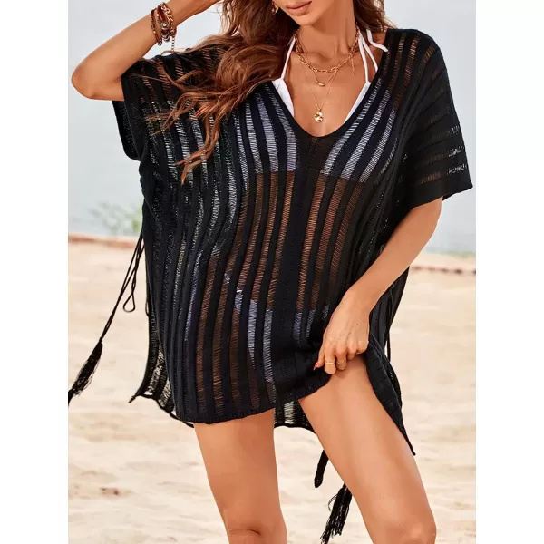 imageCUPSHE Womens Knit Stripe V Neck Crochet Short Sleeve Tie Side Cover UpPurple