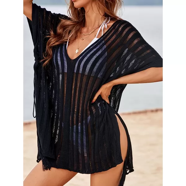 imageCUPSHE Womens Knit Stripe V Neck Crochet Short Sleeve Tie Side Cover UpPurple