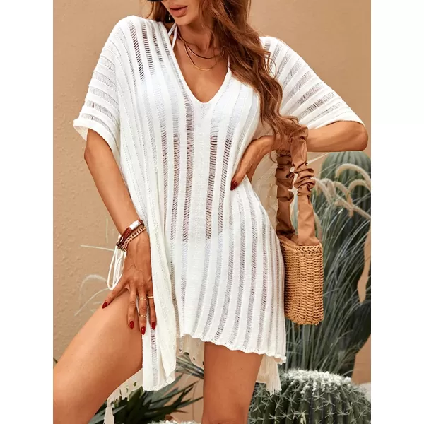 imageCUPSHE Womens Knit Stripe V Neck Crochet Short Sleeve Tie Side Cover UpWhite