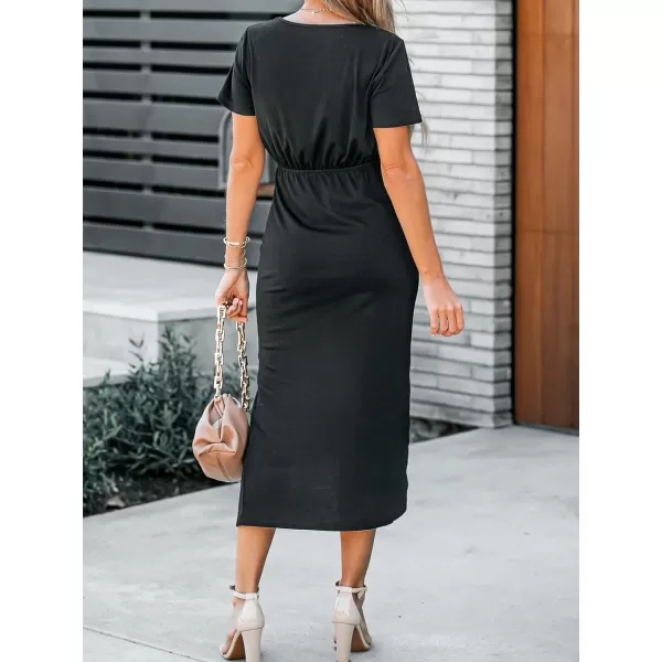imageCUPSHE Womens Knit V Neck Midi Dress Casual Ruched Short Sleeve Bodycon DressBlack