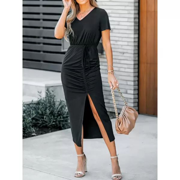 imageCUPSHE Womens Knit V Neck Midi Dress Casual Ruched Short Sleeve Bodycon DressBlack