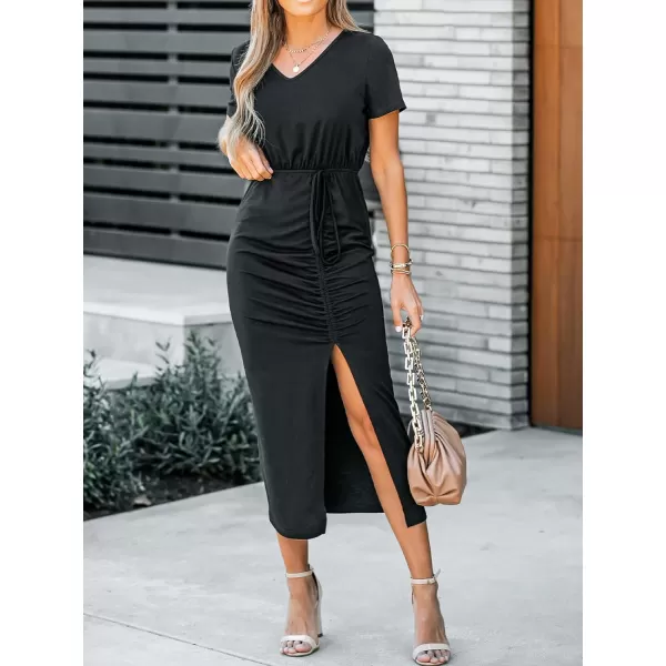 imageCUPSHE Womens Knit V Neck Midi Dress Casual Ruched Short Sleeve Bodycon DressBlack
