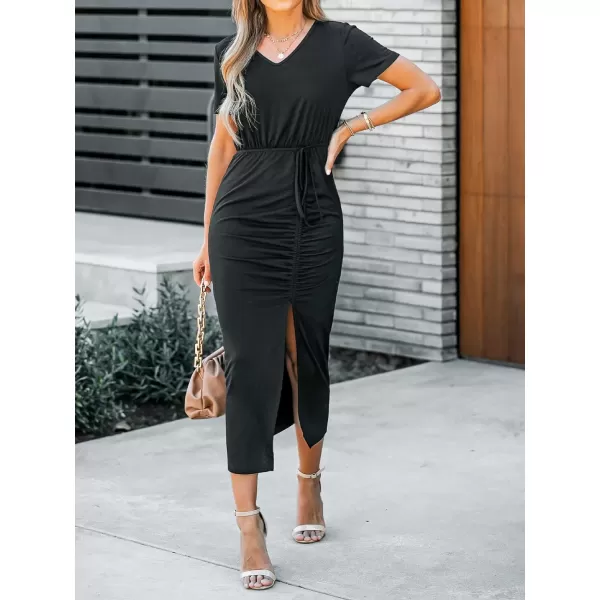 imageCUPSHE Womens Knit V Neck Midi Dress Casual Ruched Short Sleeve Bodycon DressBlack