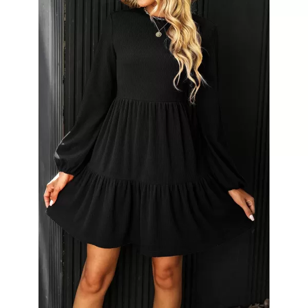 imageCUPSHE Womens Knitted Dresses Casual Long Sleeve Crew Neck Flowy TieredBlack