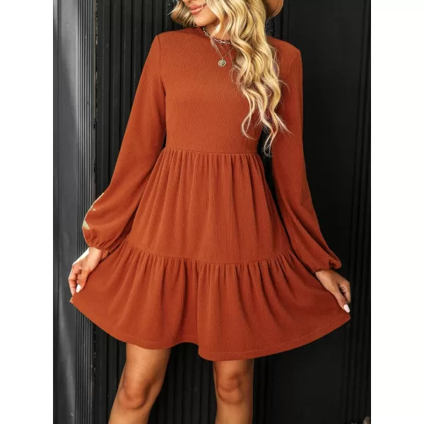imageCUPSHE Womens Knitted Dresses Casual Long Sleeve Crew Neck Flowy TieredBurnt Orange