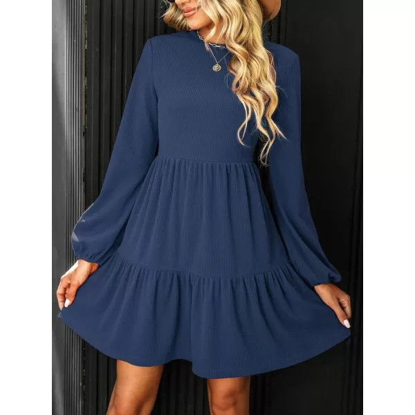 imageCUPSHE Womens Knitted Dresses Casual Long Sleeve Crew Neck Flowy TieredNavy Blue