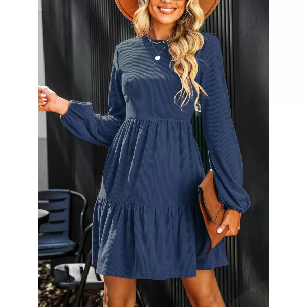 imageCUPSHE Womens Knitted Dresses Casual Long Sleeve Crew Neck Flowy TieredNavy Blue
