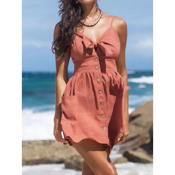 imageCUPSHE Womens Knotted ButtonFront Dress Sleeveless Deep VNeck Dresses Casual Summer with PocketsRust Red