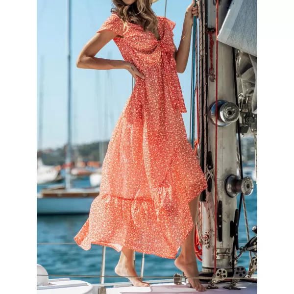 imageCUPSHE Womens Kont Front Ruched Maxi Length Dresses Flounce Summer Dress with Floral PrintRose Red