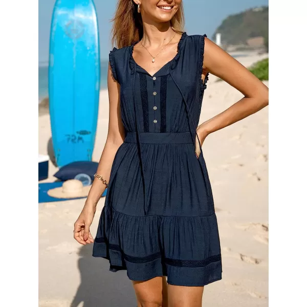 imageCUPSHE Womens Lace ButtonFront Mini Dress Sleeveless Dresses V Neck Dressing CasualDark Blue