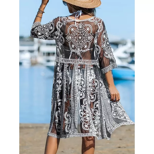 imageCUPSHE Womens Lace Cardigan Floral Crochet Sheer Bathing Suit Cover Up KiminoBlack