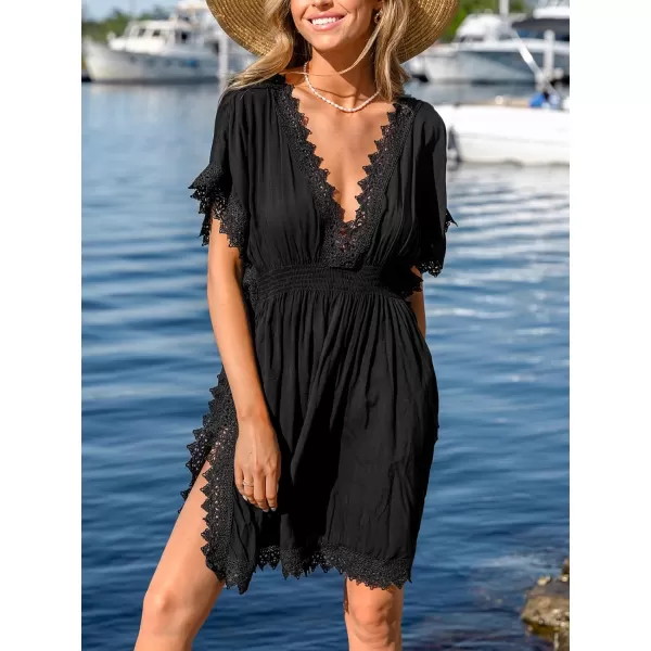 imageCUPSHE Womens Lace Cover Ups Side Slit Mini Dress V Neck Coverup Batwing Short Sleeves 2024Black