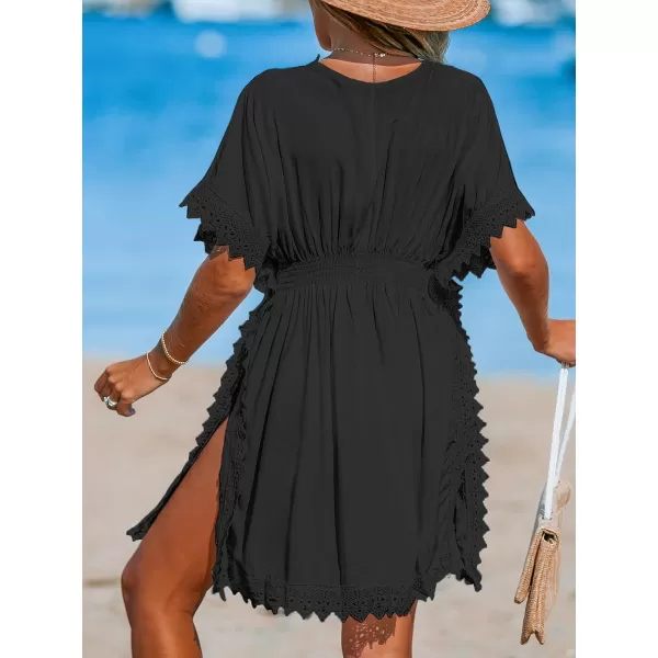 imageCUPSHE Womens Lace Cover Ups Side Slit Mini Dress V Neck Coverup Batwing Short Sleeves 2024Black