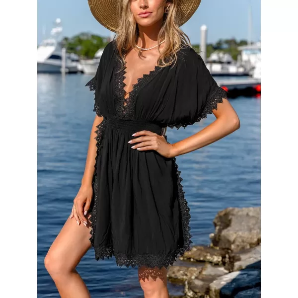 imageCUPSHE Womens Lace Cover Ups Side Slit Mini Dress V Neck Coverup Batwing Short Sleeves 2024Black