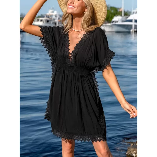 imageCUPSHE Womens Lace Cover Ups Side Slit Mini Dress V Neck Coverup Batwing Short Sleeves 2024Black