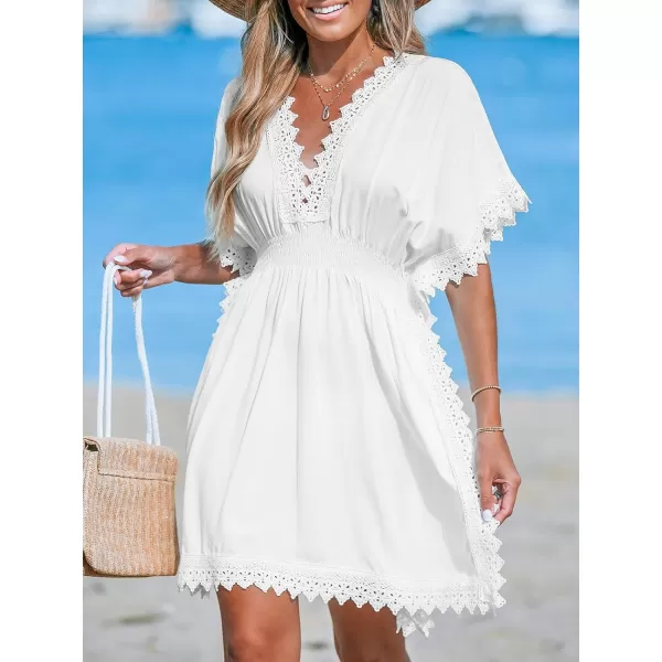 imageCUPSHE Womens Lace Cover Ups Side Slit Mini Dress V Neck Coverup Batwing Short Sleeves 2024White