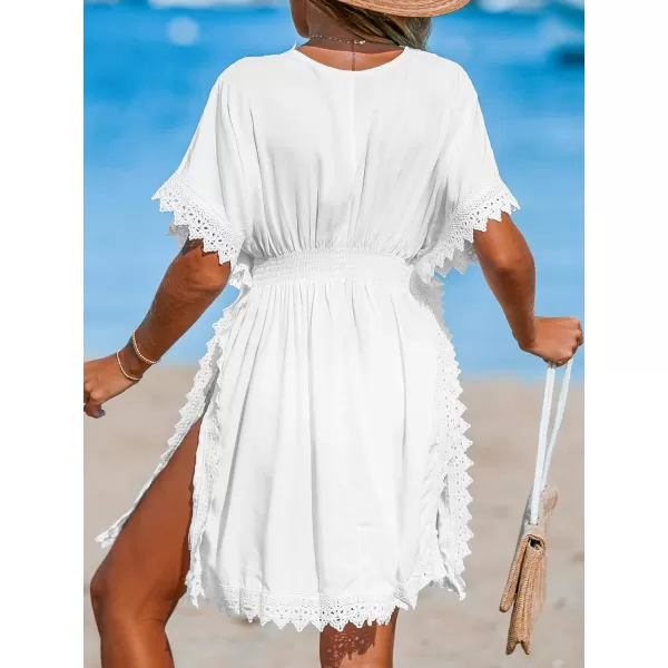 imageCUPSHE Womens Lace Cover Ups Side Slit Mini Dress V Neck Coverup Batwing Short Sleeves 2024White