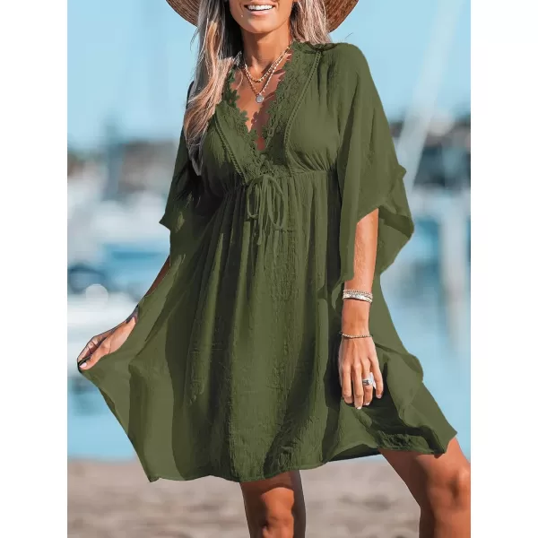 imageCUPSHE Womens Lace Floral Cover Up Dress Drawstring Bat Sleeve V Neck Mini DressOlive Green