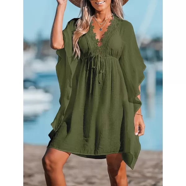 imageCUPSHE Womens Lace Floral Cover Up Dress Drawstring Bat Sleeve V Neck Mini DressOlive Green