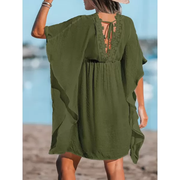 imageCUPSHE Womens Lace Floral Cover Up Dress Drawstring Bat Sleeve V Neck Mini DressOlive Green