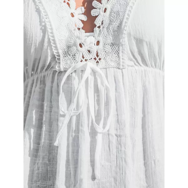 imageCUPSHE Womens Lace Floral Cover Up Dress Drawstring Bat Sleeve V Neck Mini DressWhite