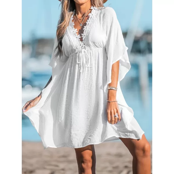 imageCUPSHE Womens Lace Floral Cover Up Dress Drawstring Bat Sleeve V Neck Mini DressWhite
