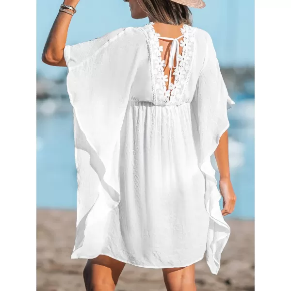 imageCUPSHE Womens Lace Floral Cover Up Dress Drawstring Bat Sleeve V Neck Mini DressWhite