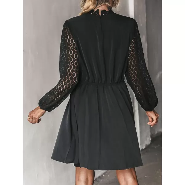 imageCUPSHE Womens Lace High Neck Short Length Dresses Cutout Long Sleeves Dress with Elastic WaistBlack