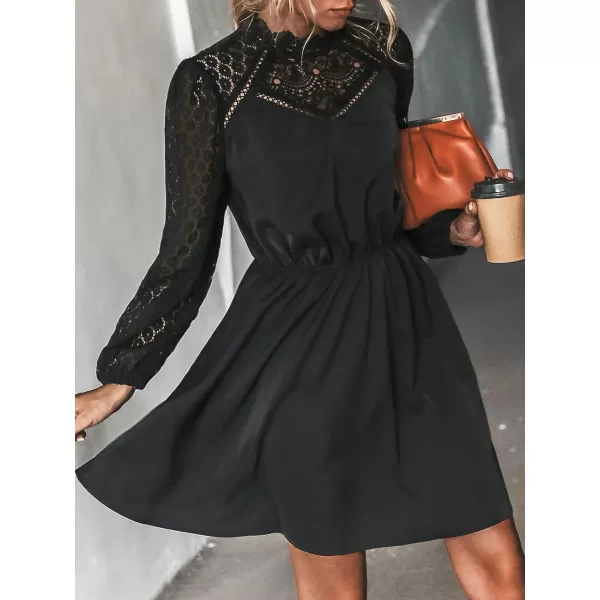 imageCUPSHE Womens Lace High Neck Short Length Dresses Cutout Long Sleeves Dress with Elastic WaistBlack