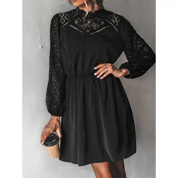 imageCUPSHE Womens Lace High Neck Short Length Dresses Cutout Long Sleeves Dress with Elastic WaistBlack