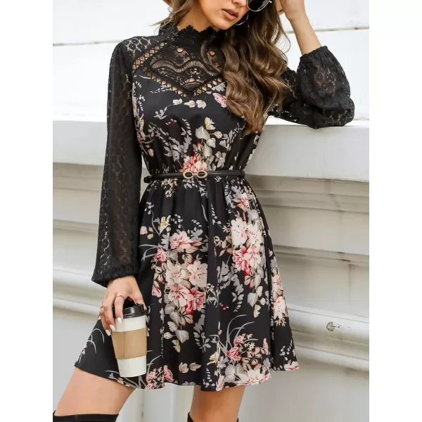 imageCUPSHE Womens Lace High Neck Short Length Dresses Cutout Long Sleeves Dress with Elastic WaistBlack Floral
