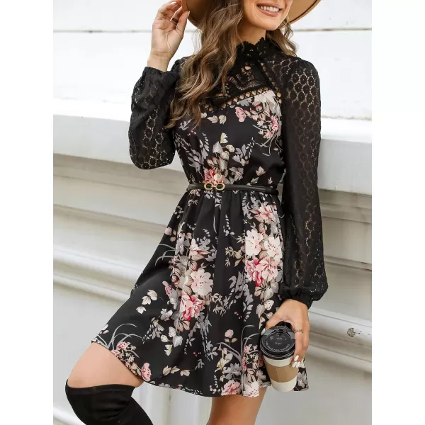 imageCUPSHE Womens Lace High Neck Short Length Dresses Cutout Long Sleeves Dress with Elastic WaistBlack Floral