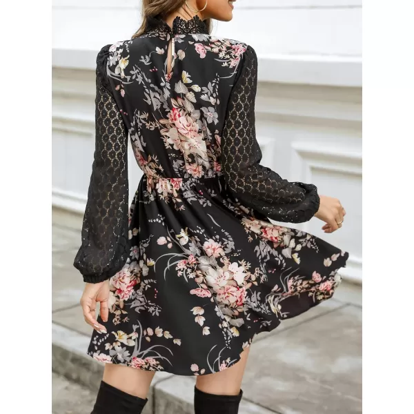 imageCUPSHE Womens Lace High Neck Short Length Dresses Cutout Long Sleeves Dress with Elastic WaistBlack Floral