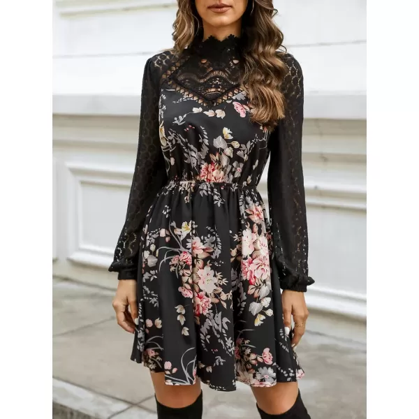 imageCUPSHE Womens Lace High Neck Short Length Dresses Cutout Long Sleeves Dress with Elastic WaistBlack Floral
