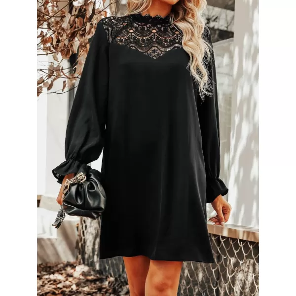 imageCUPSHE Womens Lace High Neck Short Length Dresses Cutout Long Sleeves Dress with Elastic WaistBlack01