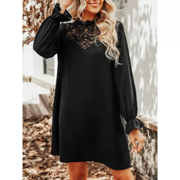 imageCUPSHE Womens Lace High Neck Short Length Dresses Cutout Long Sleeves Dress with Elastic WaistBlack01