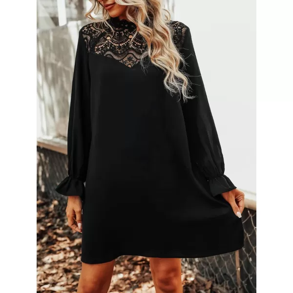 imageCUPSHE Womens Lace High Neck Short Length Dresses Cutout Long Sleeves Dress with Elastic WaistBlack01