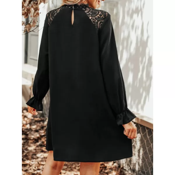 imageCUPSHE Womens Lace High Neck Short Length Dresses Cutout Long Sleeves Dress with Elastic WaistBlack01