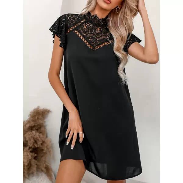 imageCUPSHE Womens Lace High Neck Short Length Dresses Cutout Long Sleeves Dress with Elastic WaistBlack2