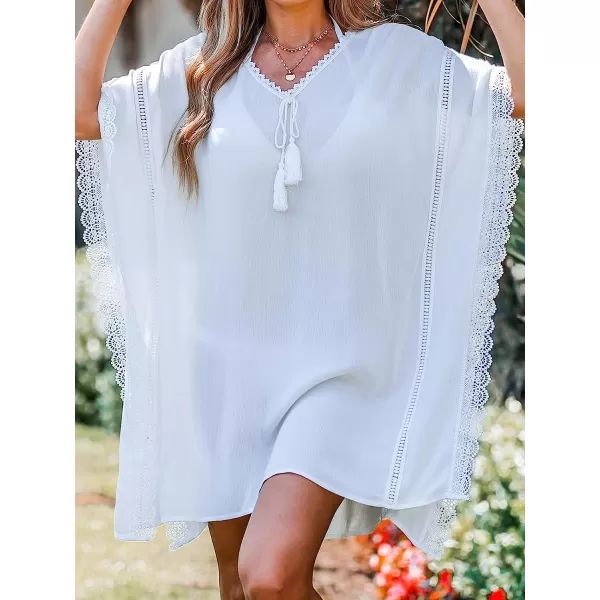 imageCUPSHE Womens Lace Mini CoverUp Dress Mini VNeck Dress White BeachwearWhite