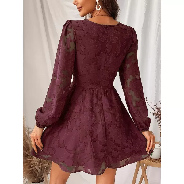imageCUPSHE Womens Lace Mini Dress Long Sleeve Floral Print A Line Dress for Party Bodycon DressBurgundy